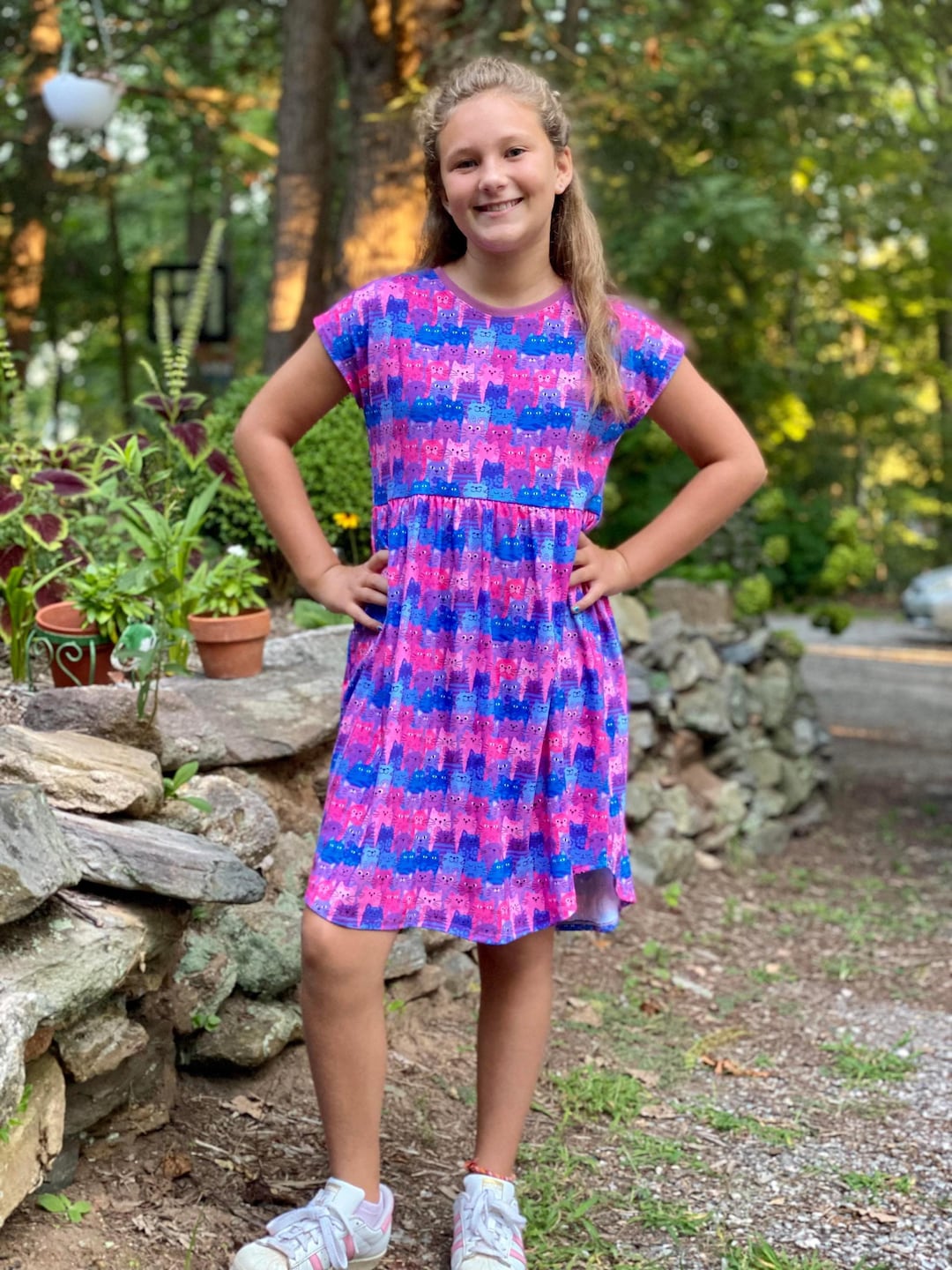 Summer Dress In Cat Print For Baby Girl In Green Color main image 0