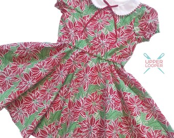 Little Girls Red and Green Christmas Twirl Dress with Peter Pan Collar and Vintage-inspired Holiday Print - Girls Christmas Dress