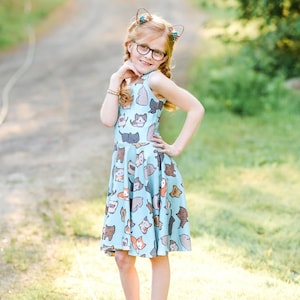 Little Girls Blue Cat and Kitten Lover Twirl Dress