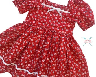 Girls Red Christmas Dress with snowflakes - Tween Holiday Dress - Little Girls Handmade Christmas Dress - Traditional Christmas Dress