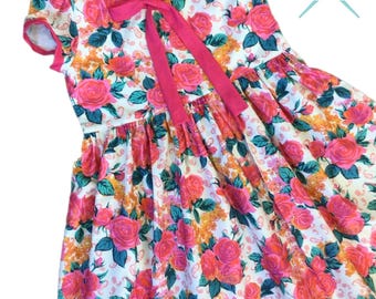 Little Girls and Tween Pink Roses Vintage Style Floral Cotton Dress