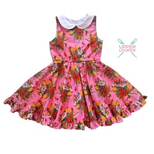 Girls Bright Pink Roses Floral Summer Dress with Ruffle and Peter Pan Collar
