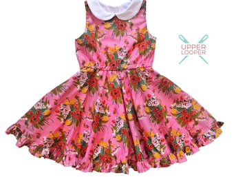 Girls Bright Pink Roses Floral Summer Dress with Ruffle and Peter Pan Collar