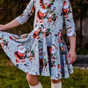 Girls Christmas Twirl Dress with Vintage Santa
