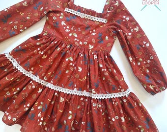 Girls Handmade Long Sleeve Fall Leaves Dress with Lace Trim