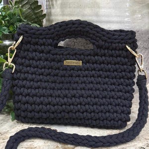 Handmade Crochet Crossbody Handbag: Small Black Shoulder Bag, Recycled Cotton Braided Cord
