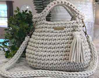 Handmade Pale Olive Crochet Handbag: Recycled Cotton Braided Cord, Boho Crossbody Bag