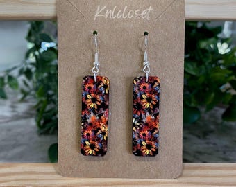 Sunflower Dangle Bar Earrings: Silver Plated, Sublimation Jewelry