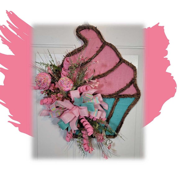 Cupcake Wreath, Pink Blue Birthday Wreath, Cupcake Front Door Wreath, Birthday Cupcake Wreath, Party Door Hanger Wreath, Welcome Wreath