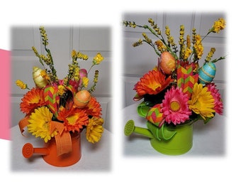 Daisy Watering Can Arrangement, Easter Spring Holiday Table Décor, Daisy and Easter Egg Floral Holiday Décor