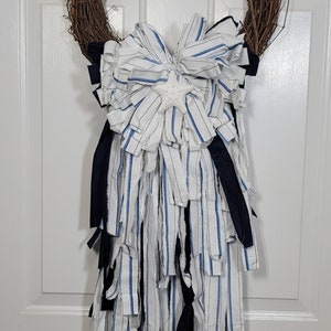 Beach Rag Bow, Starfish Rag Bow, Summer Coastal White and Blue Stripe Wreath Rag Bow Attachment