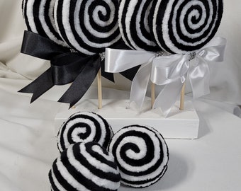 Decorative Velvety Yarn Black, White, or Tuxedo Lollipops & Yarn Balls, Wreath Attachment, Centerpiece Vase Bowl Filler, Ornament Home Décor