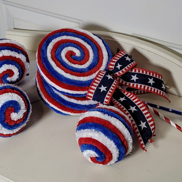 Velvety Red White Blue Patriotic Yarn Lollipops & Balls, Wreath Attachments, Tiered-Tray Filler, Centerpiece Vase Bowl Filler, 4 July Décor