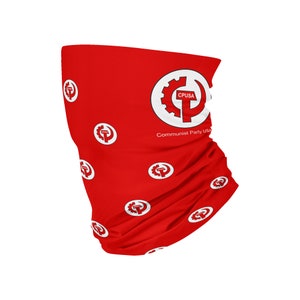 May include: Red face mask with a white Communist Party USA logo and the text "Communist Party USA". The logo is a hammer and sickle inside a gear.