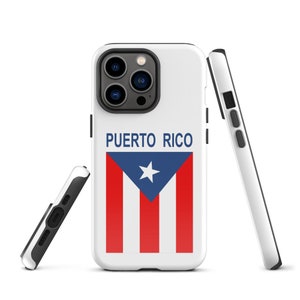 May include: White iPhone case with a Puerto Rico flag design. The case has a black camera bump and a black border around the edges. The flag is red, white, and blue with a white star in the center.