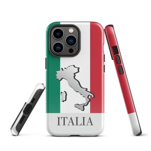 May include: A white phone case with a green, white, and red Italian flag design. The case features a silver outline of the Italian peninsula and the word "ITALIA" in gray text.