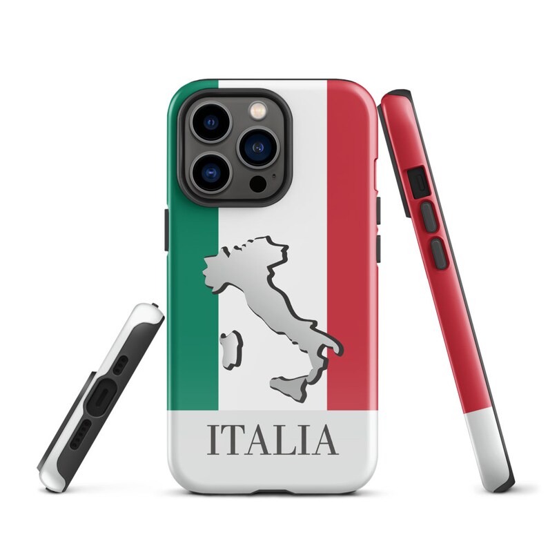 May include: A white phone case with a green, white, and red Italian flag design. The case features a silver outline of the Italian peninsula and the word "ITALIA" in gray text.