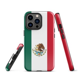 May include: A black phone case with a green, white, and red Mexican flag design. The case features the Mexican coat of arms in the center of the flag.