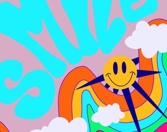 May include: A bright blue and pink "Smile" graphic with a yellow smiley face sun with blue rays and rainbow stripes in the background.