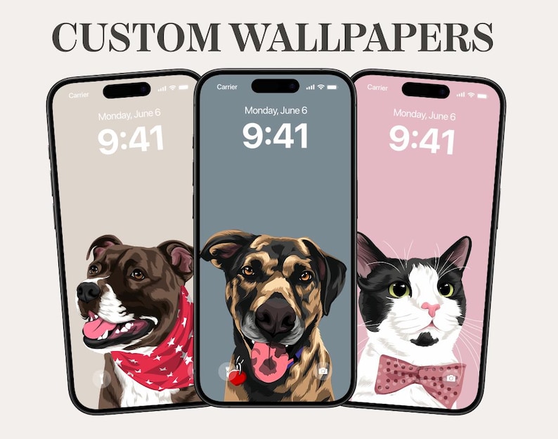 May include: Three smartphones displaying custom pet wallpapers. The screens show a brown dog with a red bandana, a brown and black dog with a pink tag, and a black and white cat with a pink bow tie. The text "CUSTOM WALLPAPERS" is at the top.