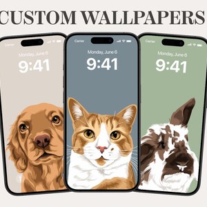 May include: Three smartphones displaying custom wallpapers with pet portraits. The screens show a golden retriever, a tabby cat, and a brown and white rabbit. The time displayed on each phone is 9:41 AM, Monday, June 6. The text "CUSTOM WALLPAPERS" is at the top.