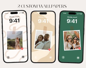 May include: Three smartphones displaying custom wallpapers. The screens show photos with a beige, green, and cream background. The text "2 CUSTOM WALLPAPERS" is at the top. Each phone displays the date and time.