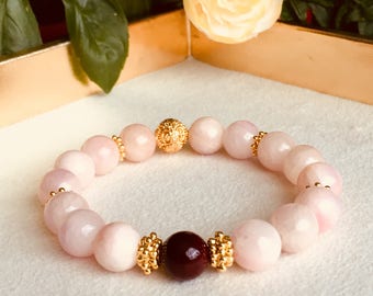 Light Pink and Dark Red Quartzite with Gold Bali Accents Beaded Stone Bracelet