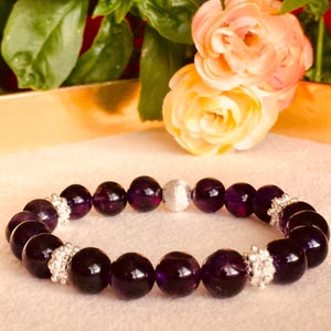 Natural Purple Amethyst and Bali Silver Accents Round Bead Stone Bracelet