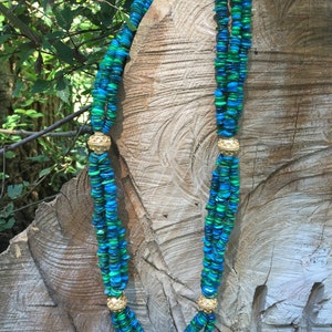 Aqua blue & green dyed shell with gold plated accents multi strand beaded necklace