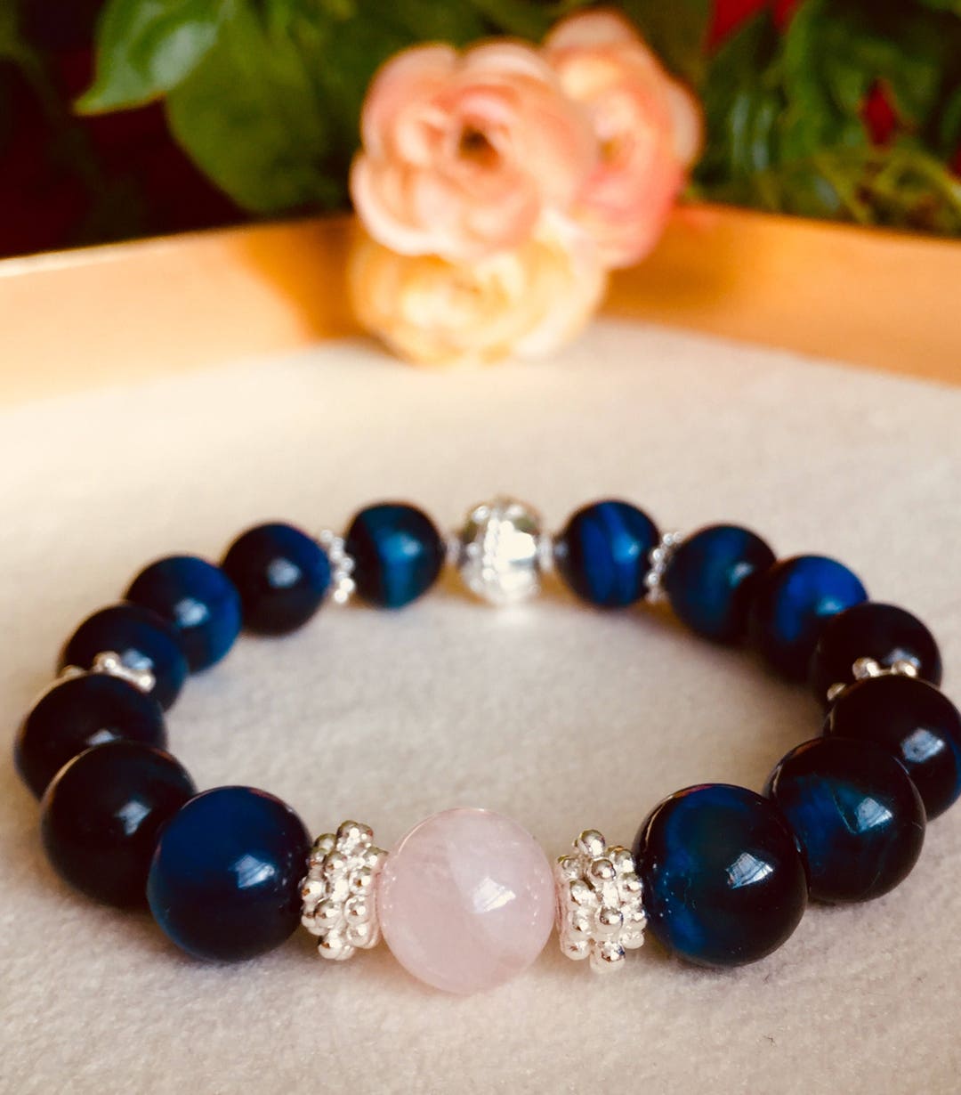 Dark Blue Tiger Eye Rose Quartz and Bali Silver Accents Round Etsy