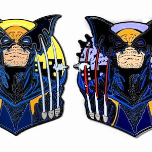 May include: Two enamel pins featuring a cartoon depiction of Wolverine with a yellow and purple background. The pins are black, blue, and yellow with red claws.