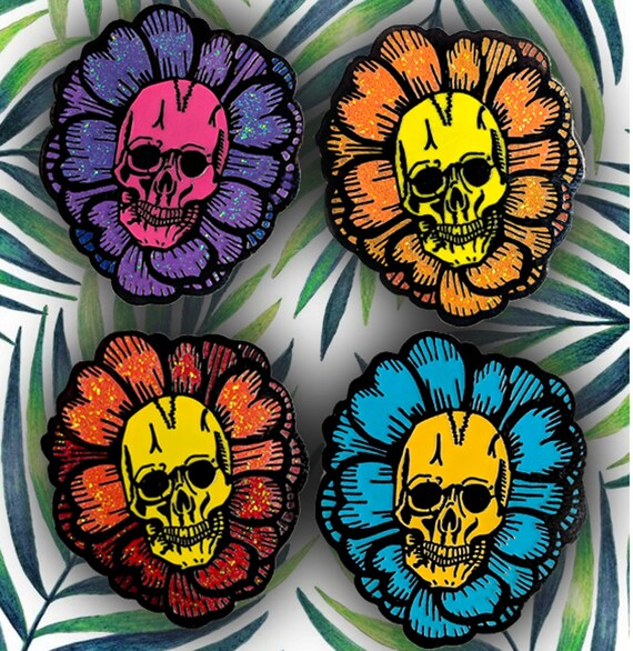 Shaka Skull | Hawaiian Hibiscus Hard Enamel Pins Set | Tropical Flowers Goth Pins Punk Glitter Sparkles Halloween Summer
