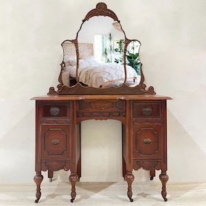 Antique Makeup Vanity , Antique Dresser , Antique Mirror , Dresser Table , Jacobean Vanity
