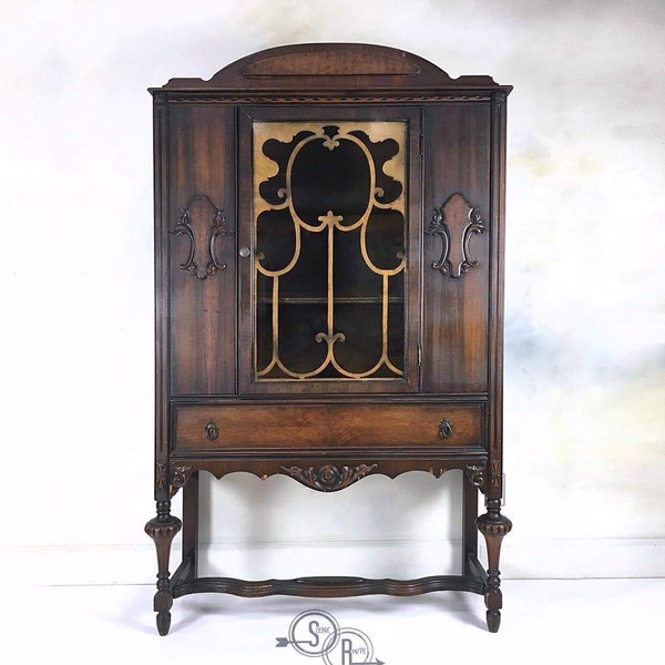 China Cabinet , Antique Hutch , Vintage China Cabinet , Farmhouse Cabinet , Jacobean China Hutch , Buffet Hutch , Display Cabinet