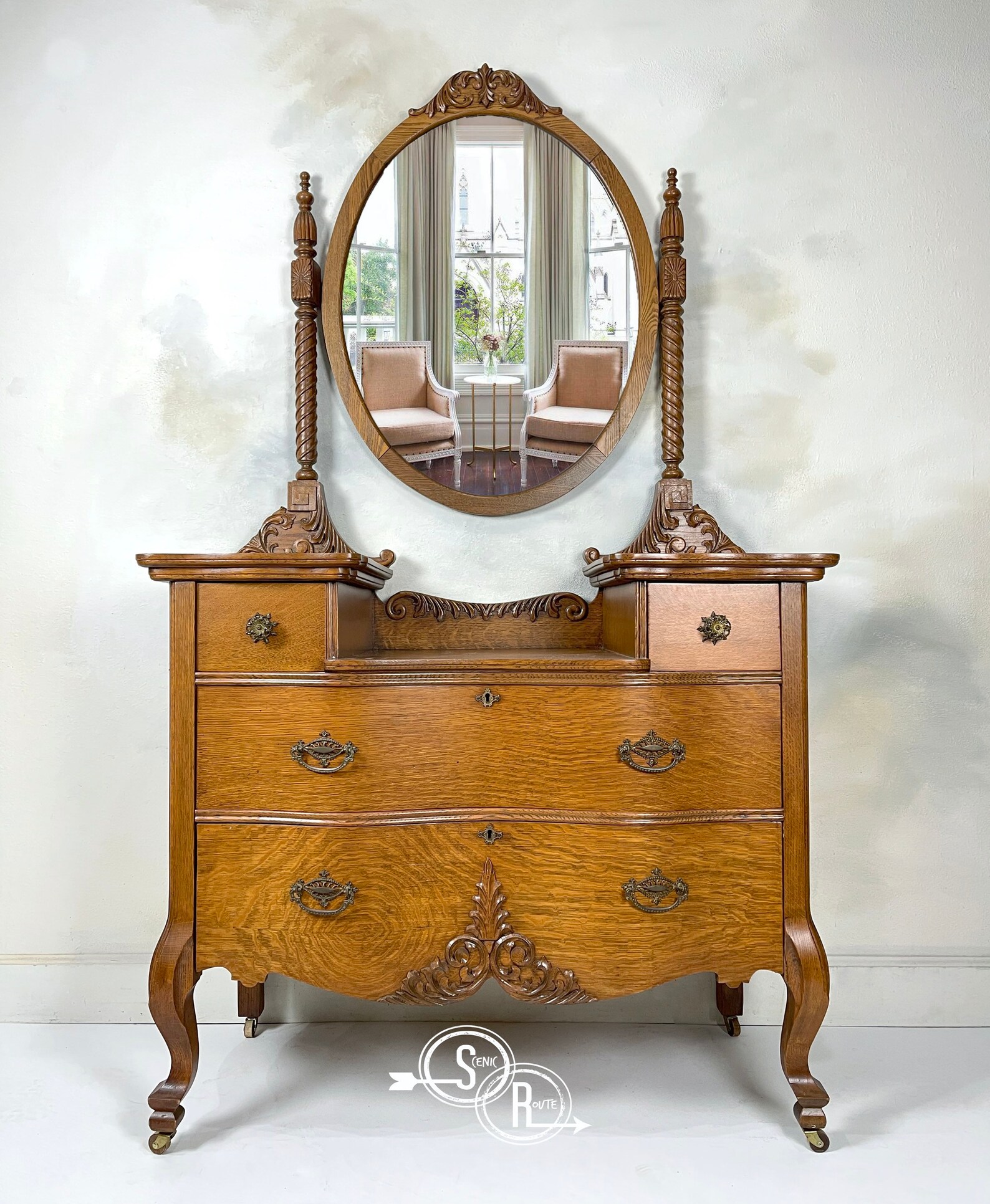 Golden Oak Dresser Antique Dresser With Mirror Serpentine Etsy