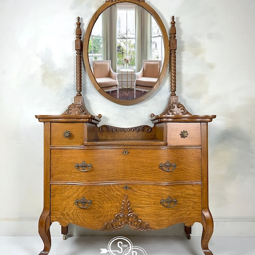 Antique Tiger Oak Serpentine Dresser & Mirror Farmhouse Etsy