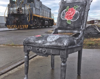 Steampunk Chair , Occasional Chair , Gothic Style , Parlor Chair , Gear Head , Industrial Style Chair , Office Chair , Roses , Eastlake