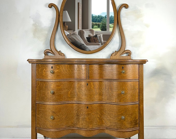 Golden Oak Dresser Antique Dresser With Mirror Serpentine Etsy