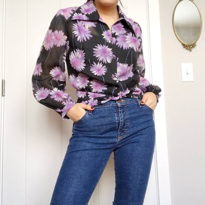 70s Purple Daisy Sheer Blouse Etsy