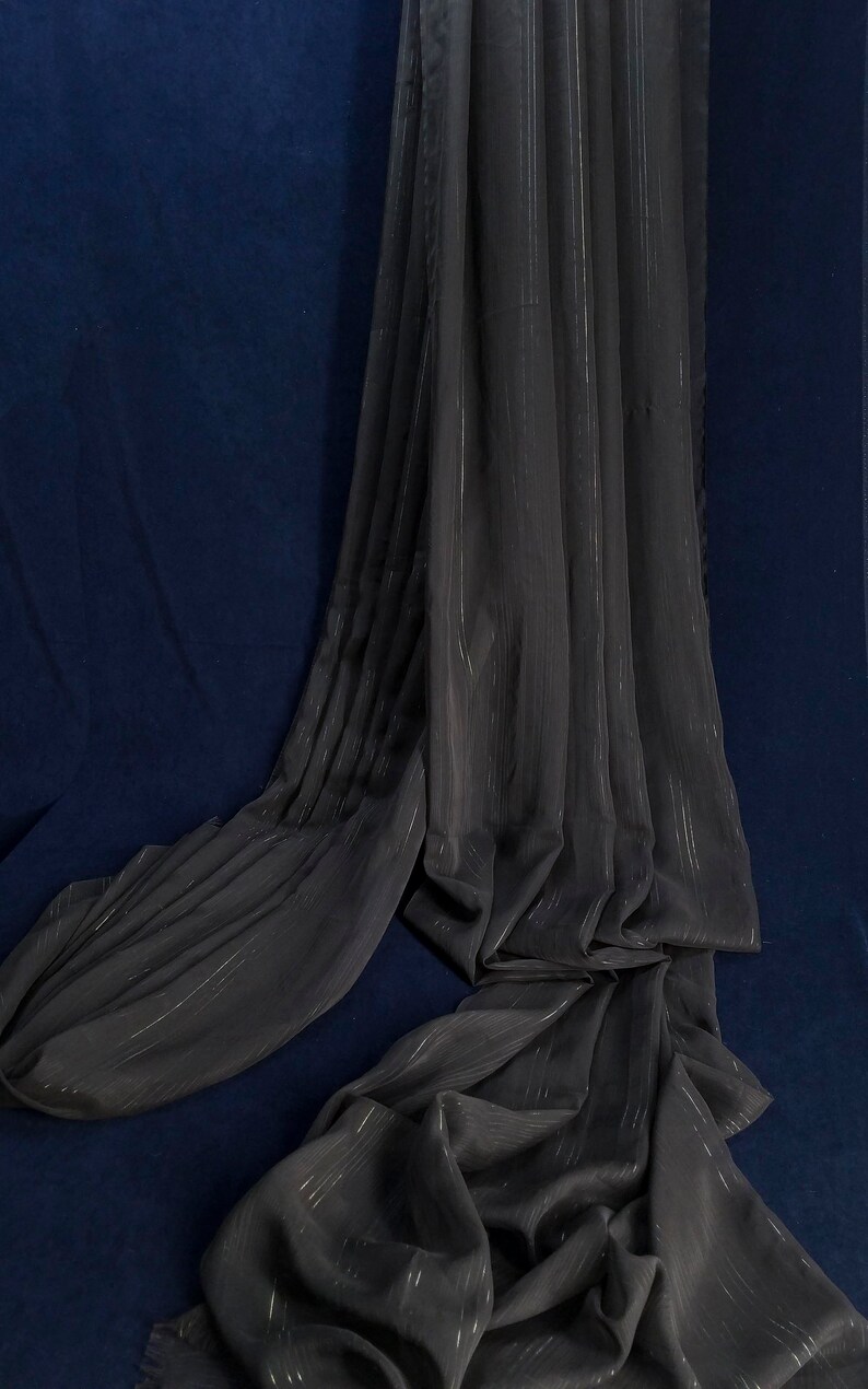 Charcoal-black sheer chiffon with woven metallic thread