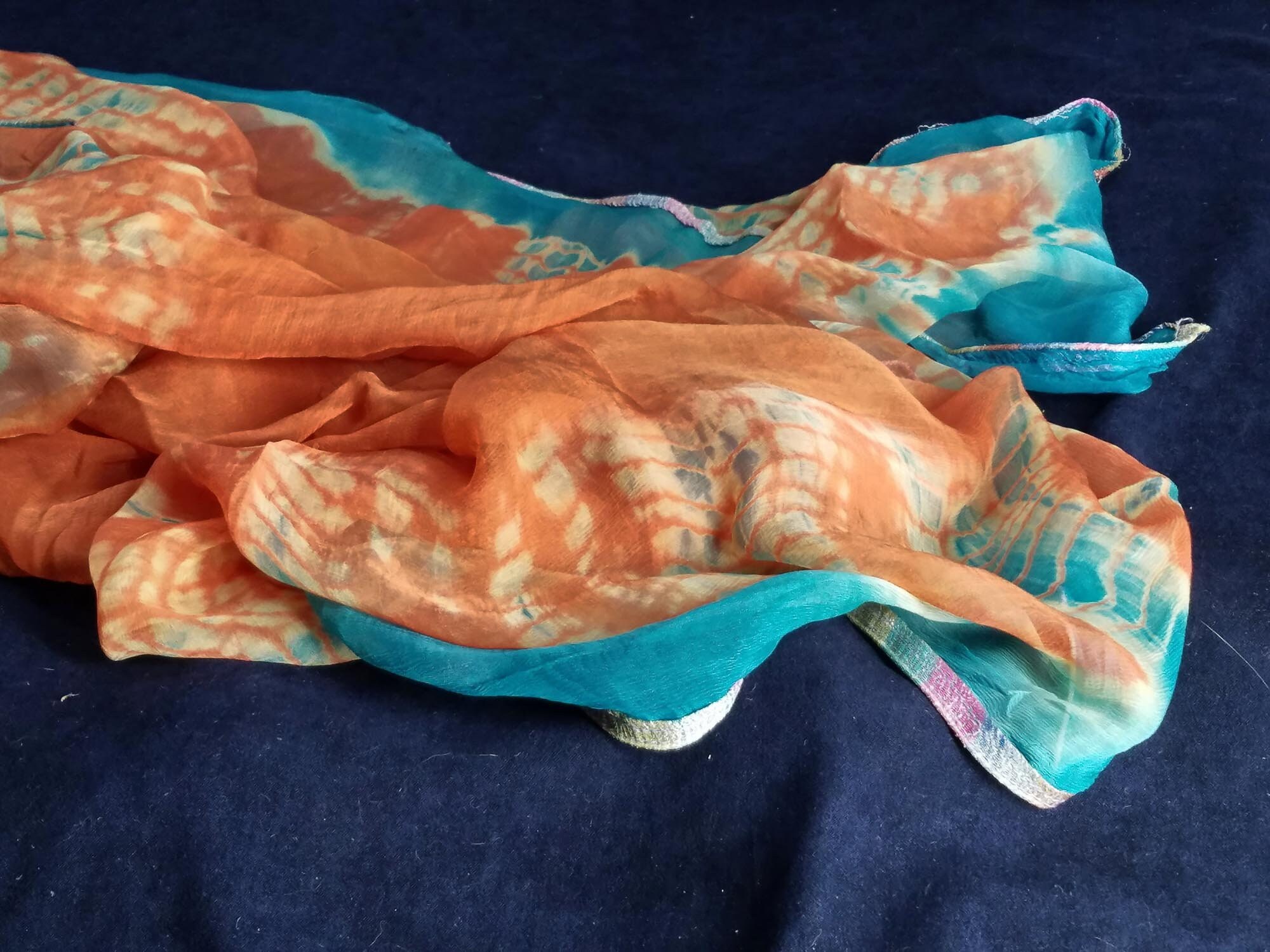 Teal and paprika tie dye silk chiffon long rectangular scarf Etsy