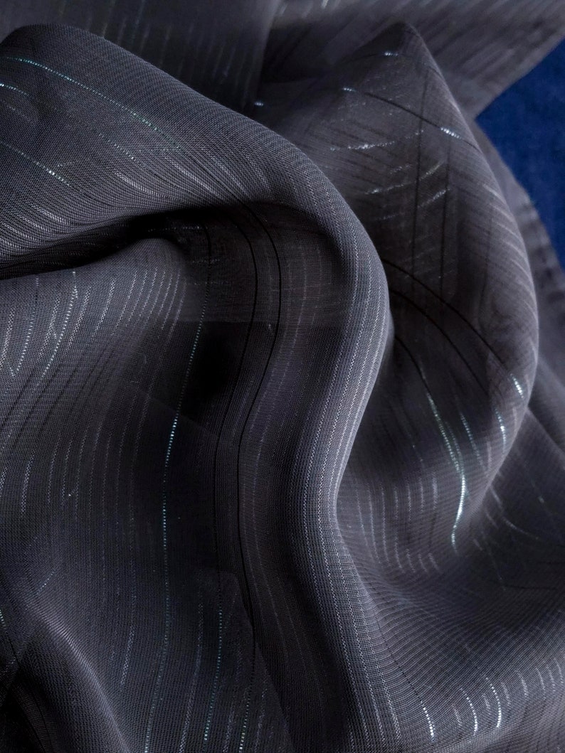 Charcoal-black sheer chiffon with woven metallic thread