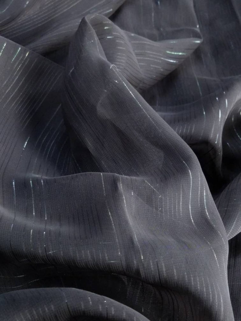 Charcoal-black sheer chiffon with woven metallic thread