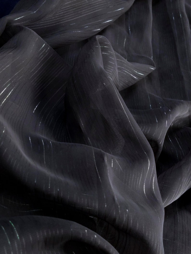 Charcoal-black sheer chiffon with woven metallic thread