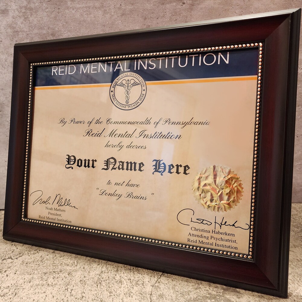 Donkey Brians Certificate - Custom "Donkey Brains" Certificate - Its Always Sunny - "Not Donkey Brained" Framed - Reid Mental Institution Livingmall