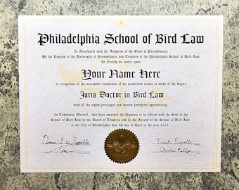 Bird Law Diploma - Custom &quot;Bird Law Diploma&quot; - Always Sunny - IASIP - Philadelphia School of Bird Law - Framed Print Diploma - Law Diploma