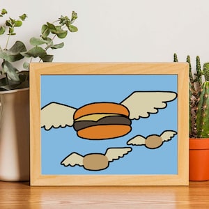 Bob&#39;s Burgers Art - Flying Burgers Poster - Framed Art Print - Flying Hamburger Bobs Burgers - TV Poster Print - Burger Print for your Home