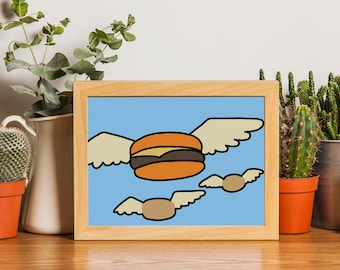 Bob's Burgers Art - Flying Burgers Poster - Framed Art Print - Flying Hamburger Bobs Burgers - TV Poster Print - Burger Print for your Home