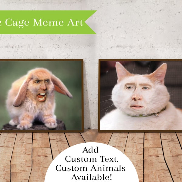 Nic Cage Cat Poster - Nic Cage Rabbit Poster - Nic Cage Meme - Nicolas Cage Art - Nic Cage Cats - Meme Art - Custom Nic Cage Art Framed