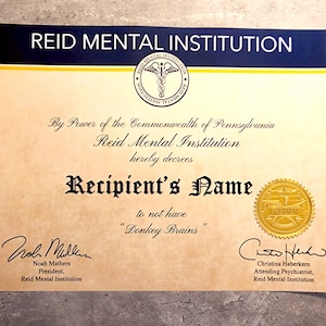 Donkey Brains Certificate - Its Always Sunny - Donkey Brain - Reid Mental Institution - Not Donkey Brained - Framed Personalized Certificate